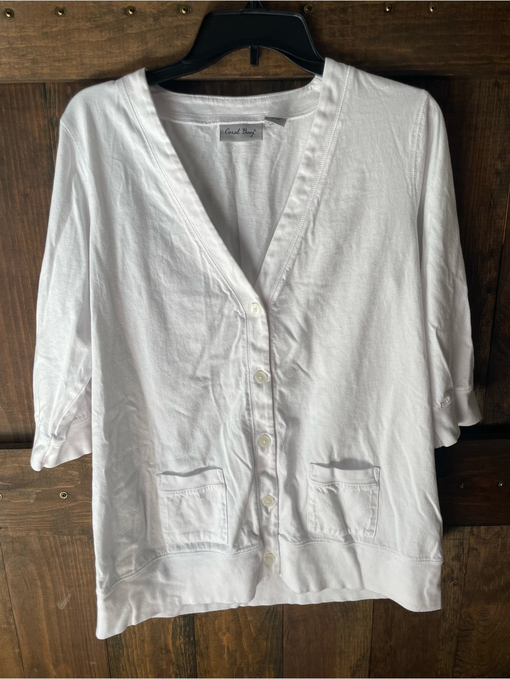 Coral Bay White V-Neck Button Front Top with Patch Pockets
